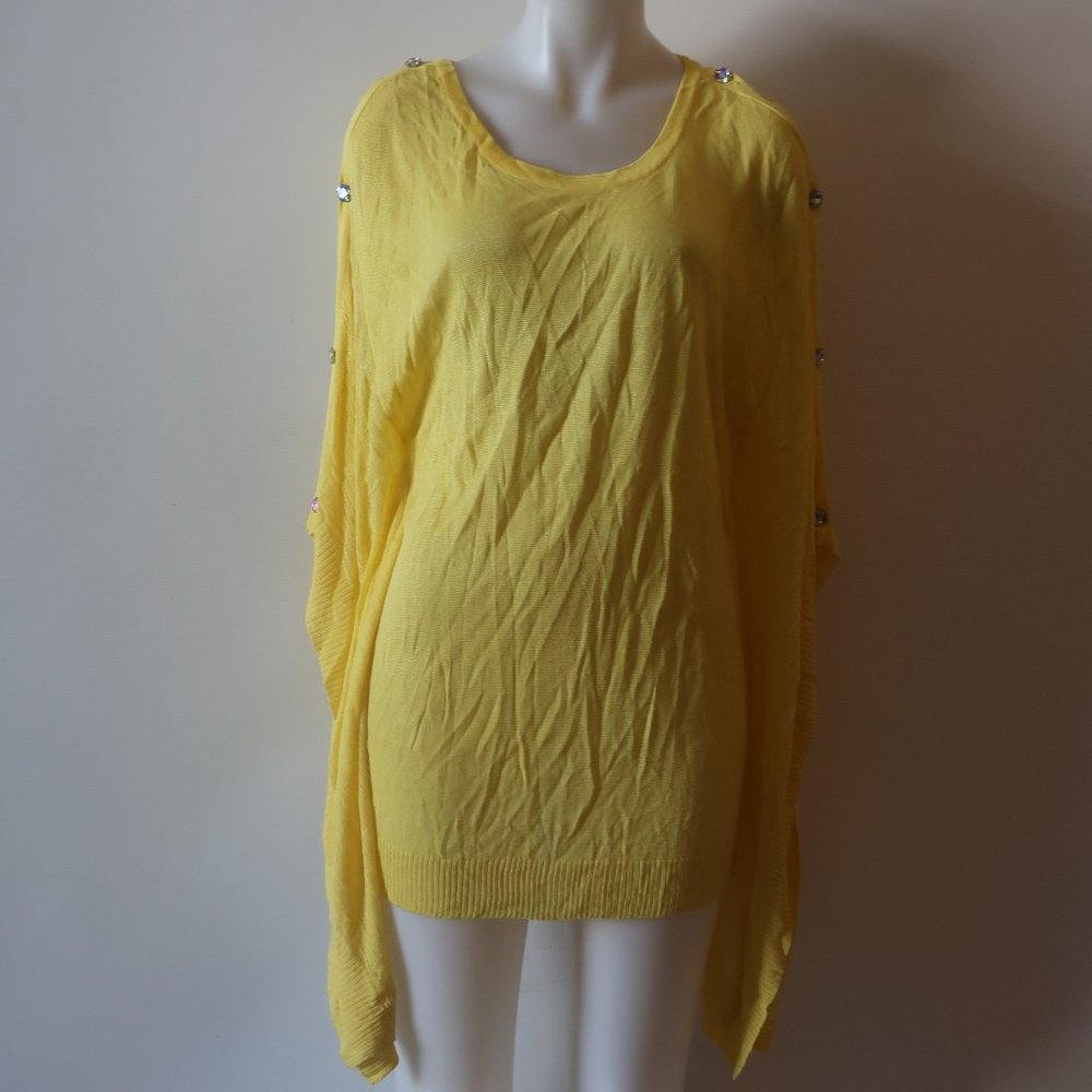 NWT Womens Michael Simon Yellow Rhinestone Lightweight Poncho Sweater Sz XL